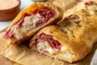 Reuben Stromboli baked golden and sliced for a cheesy Reuben Roll dinner with corned beef, Swiss, and tangy dressing.