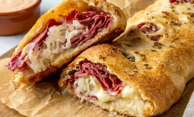 Reuben Stromboli baked golden and sliced for a cheesy Reuben Roll dinner with corned beef, Swiss, and tangy dressing.