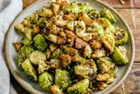 Roasted Brussels Sprouts Caesar Salad served as a crisp Caesar Brussels Sprouts side with golden croutons and creamy dressing.