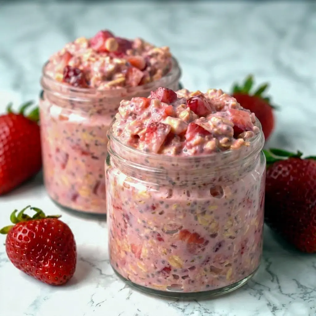 Creamy Strawberries and Cream Overnight Oats in a glass container, a tasty Strawberry Overnight Oats Healthy breakfast that feels extra easy.