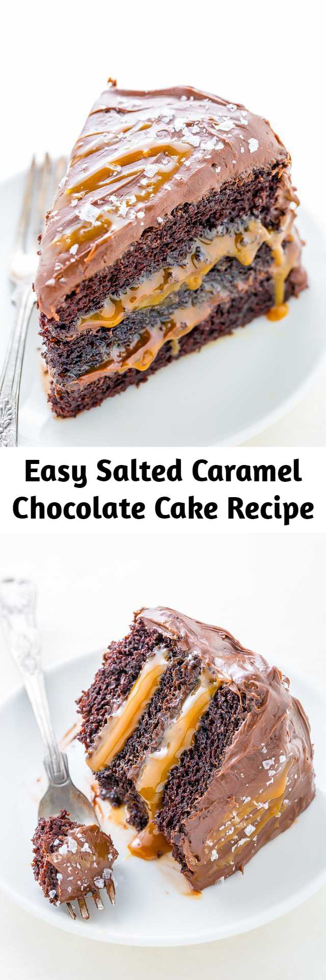 Easy Salted Caramel Chocolate Cake Recipe - Three layers of Salted Caramel Chocolate Cake slathered in homemade Chocolate Frosting. This Salted Caramel Chocolate Cake is moist and sinfully decadent! So if you love chocolate and caramel, you’ll LOVE this easy recipe for how to make Chocolate Caramel Cake!