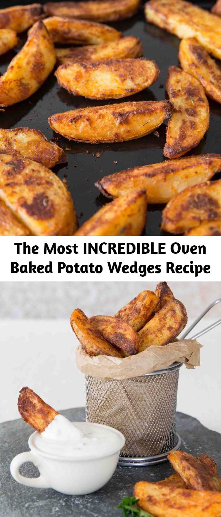 The Most INCREDIBLE Oven Baked Potato Wedges Recipe - Here I share with you a some game changing tips to getting Oven Baked Potato Wedges that are crispy and crunchy on the outside, yet light and fluffy on the inside! #wedges #fingerfood #potatowedges #appetizers