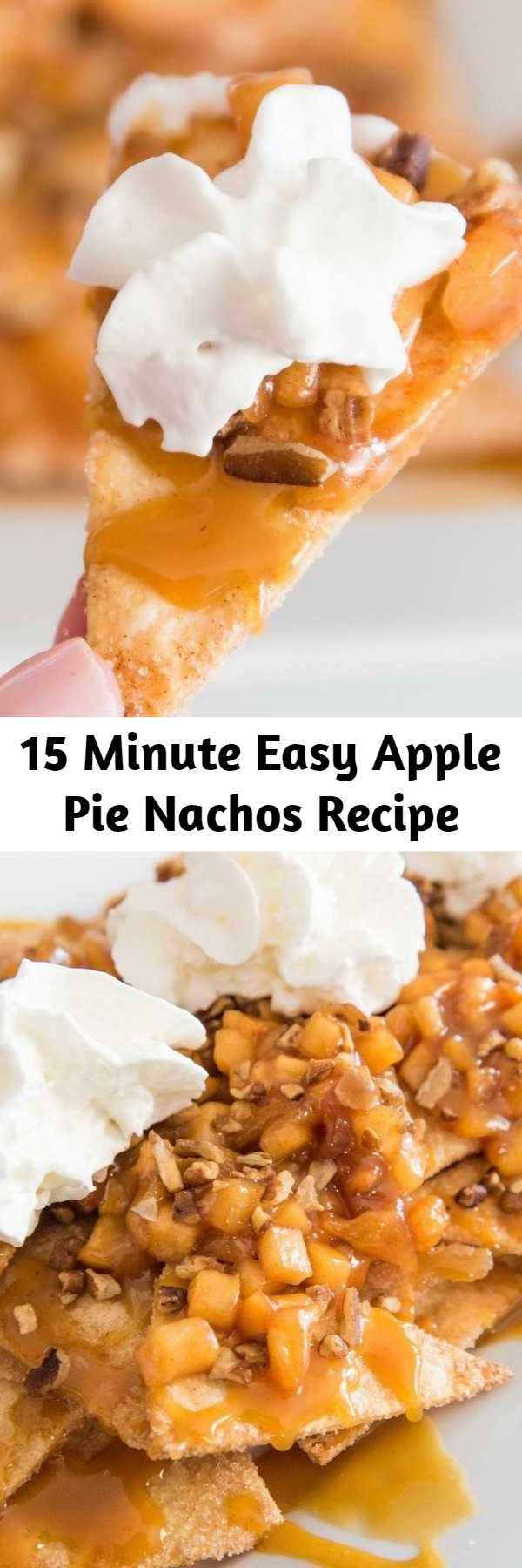 15 Minute Easy Apple Pie Nachos Recipe - Easy Baked Apple Pie Nachos – delicious cinnamon sugary apple filling on warm, crispy and sweet nachos, topped with pecans, drizzled with caramel sauce, and then topped with whipped cream! The easiest dessert that comes together in no time. It’s the perfect way to serve apple pie to a crowd! Quick and easy recipe. An irresistible party dessert!