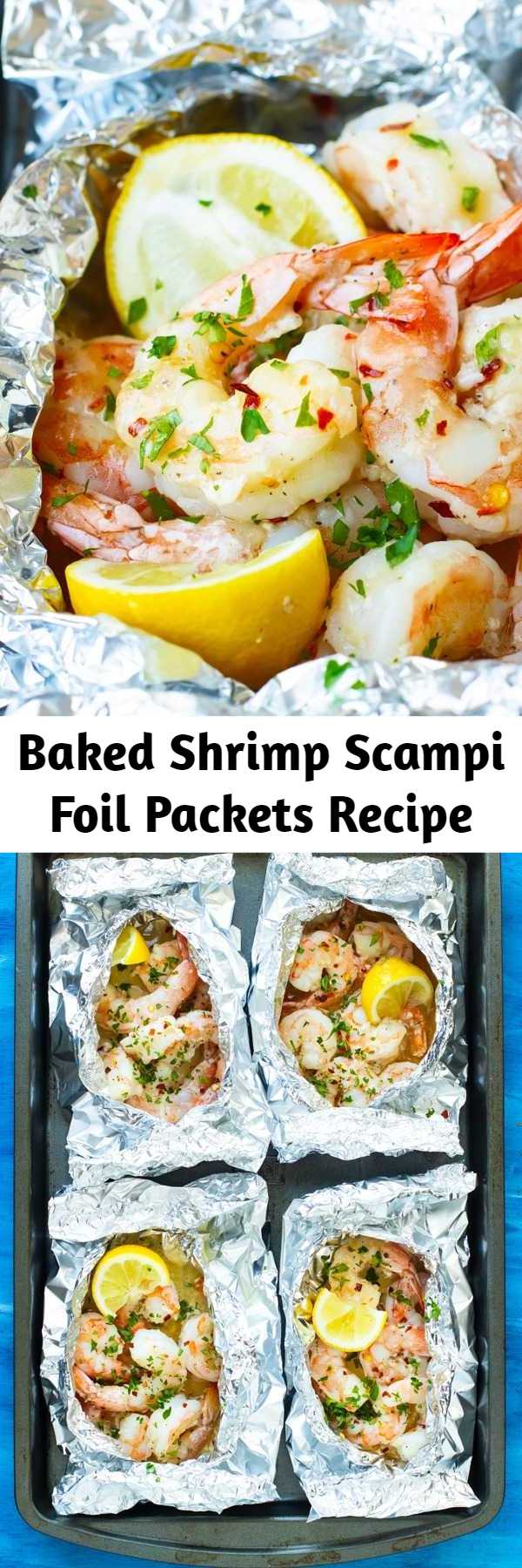 Baked Shrimp Scampi Foil Packets Recipe - Baked Shrimp Scampi is tossed in a delicious garlic and butter white wine sauce, made in convenient foil packets, and is healthy, low-carb, gluten-free, low-carb, and can be made Paleo and Whole30.  This easy weeknight dinner recipe comes together in under 20 minutes, too! #lowcarb #keto #shrimp #dinner