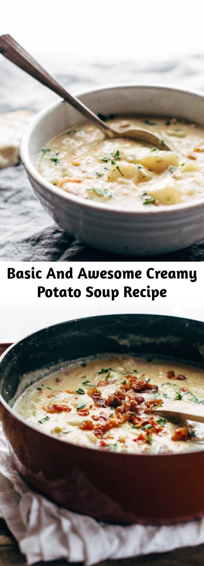 Creamy Potato Soup – so simple and all-homemade, with carrots, celery, potatoes, milk, butter, flour, and bacon. perfect comfort food with no canned cream-of-anything soups. #potatosoup #easyrecipe #dinnerrecipe #soup
