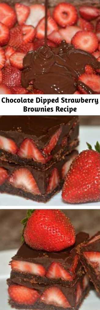 Chocolate Dipped Strawberry Brownies Recipe - These were just as easy as they sounded and tasted even better than I imagined. They truly taste like chocolate dipped strawberries laying on a  brownie! These don’t even require a mixer! I used the microwave and beat the rest right in! Easy, peasy!