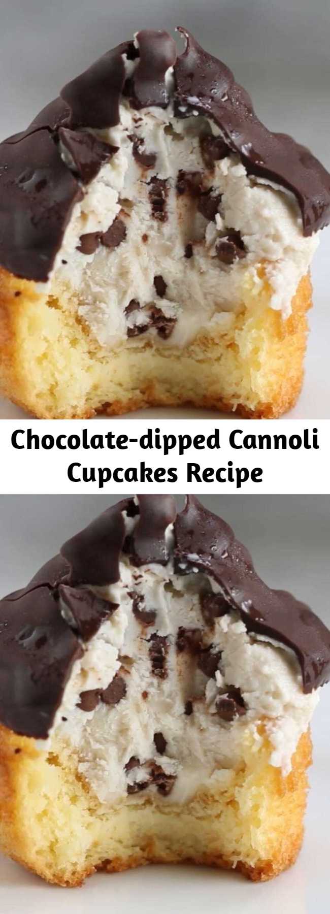 Chocolate-dipped Cannoli Cupcakes Recipe - Your favorite Italian dessert just got even better! This Chocolate Dipped Cannoli Cupcake taste just like your eating an Italian Cannoli only in cupcake form!