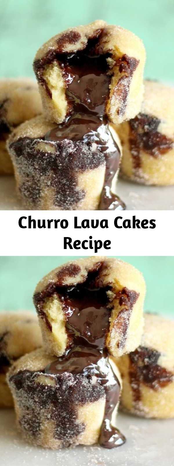 Churro Lava Cakes Recipe - Turn your favorite sweet, cinnamon-y snack into a bite-sized cake stuffed with warm chocolate.
