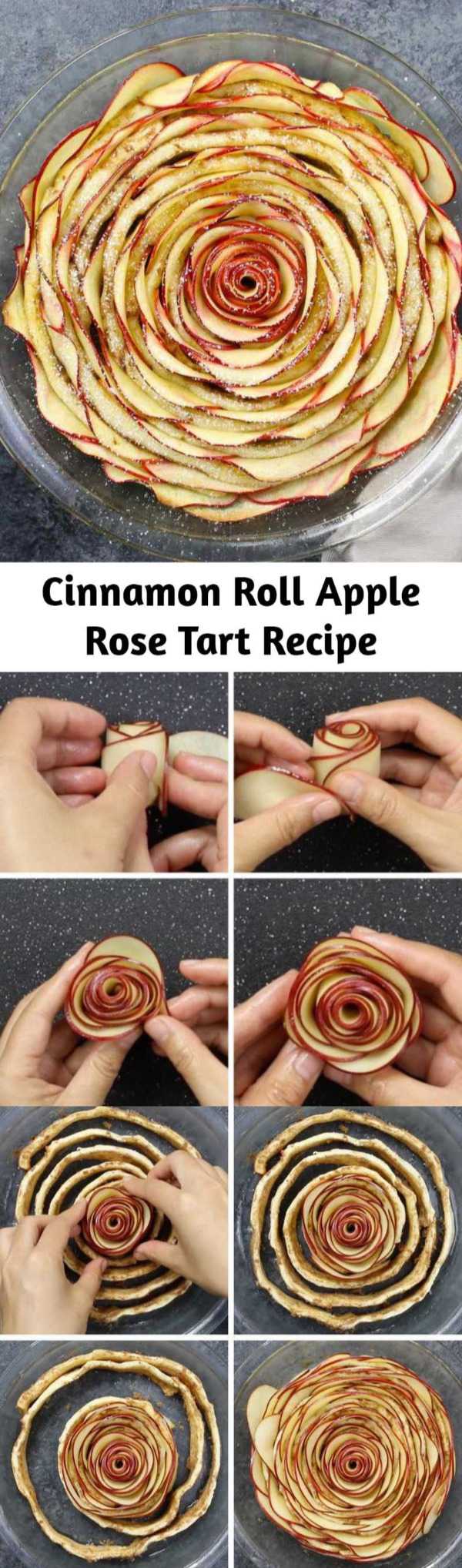 Cinnamon Roll Apple Rose Tart Recipe - Wow your guests with this beautiful Cinnamon Roll Apple Rose Tart. It’s so easy to make and perfect for a party! Made with fresh apples. All you need is only 5 simple ingredients: cinnamon roll dough, red apples, lemon juice, brown sugar and butter. So beautiful! Quick and easy recipe.