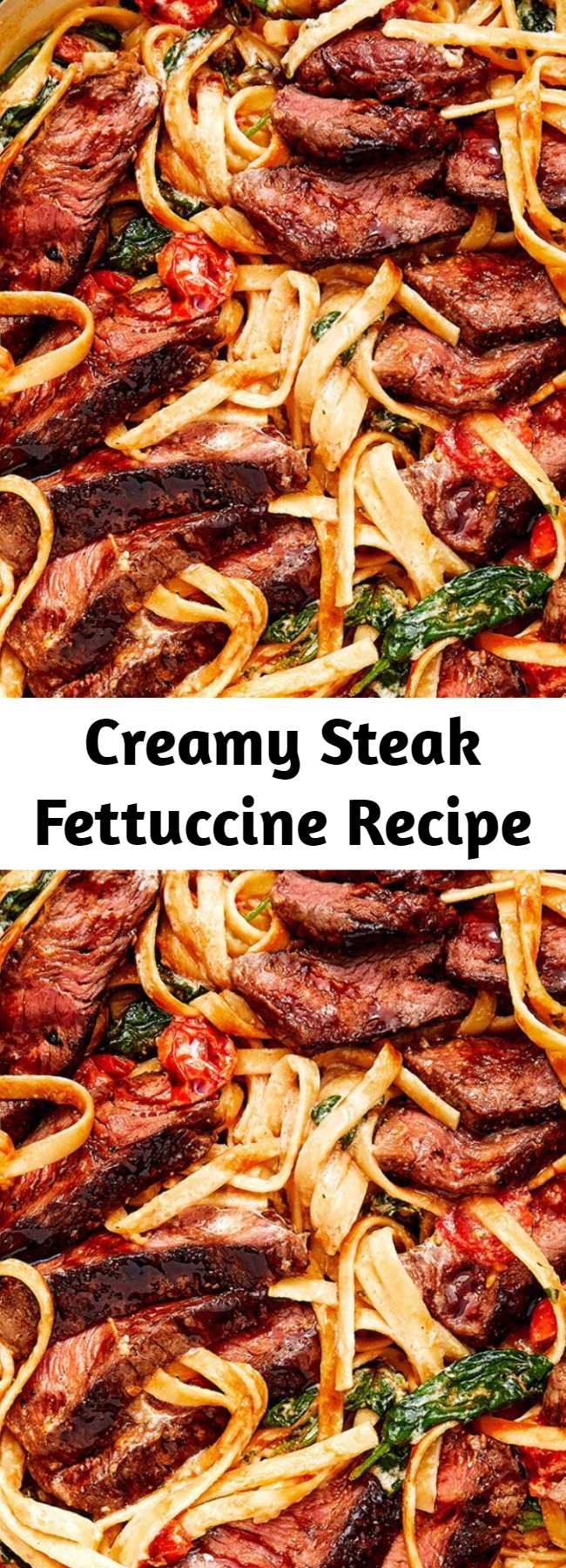 Creamy Steak Fettuccine Recipe - Whenever we crave steak this dish is always what we want to make. It comes together quickly and is so full of flavor. It makes us forget chicken ever existed. Made this for date night and fell in love over the dish? Let us know in the comments below and don't forget to rate it! #food #easyrecipe #pasta #steak #dinner