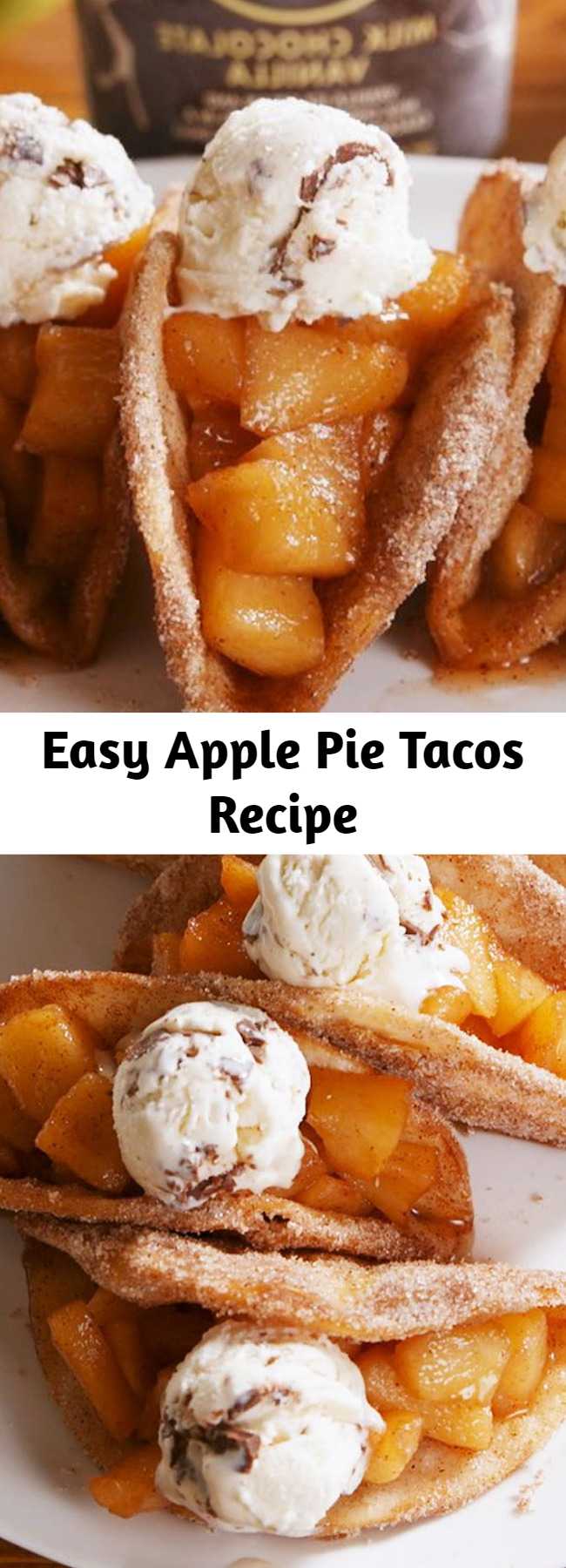 Easy Apple Pie Tacos Recipe - Don't be intimidated by the frying! It's actually easy. Once the tortilla hits the hot oil, it crisps up and keeps it shape quickly. Just know you'll need to use your tongs pretty much the whole time. #applepie #desserttacos #applepierecipes #apple #cinnamon #fruitdesserts #vanillaicecream