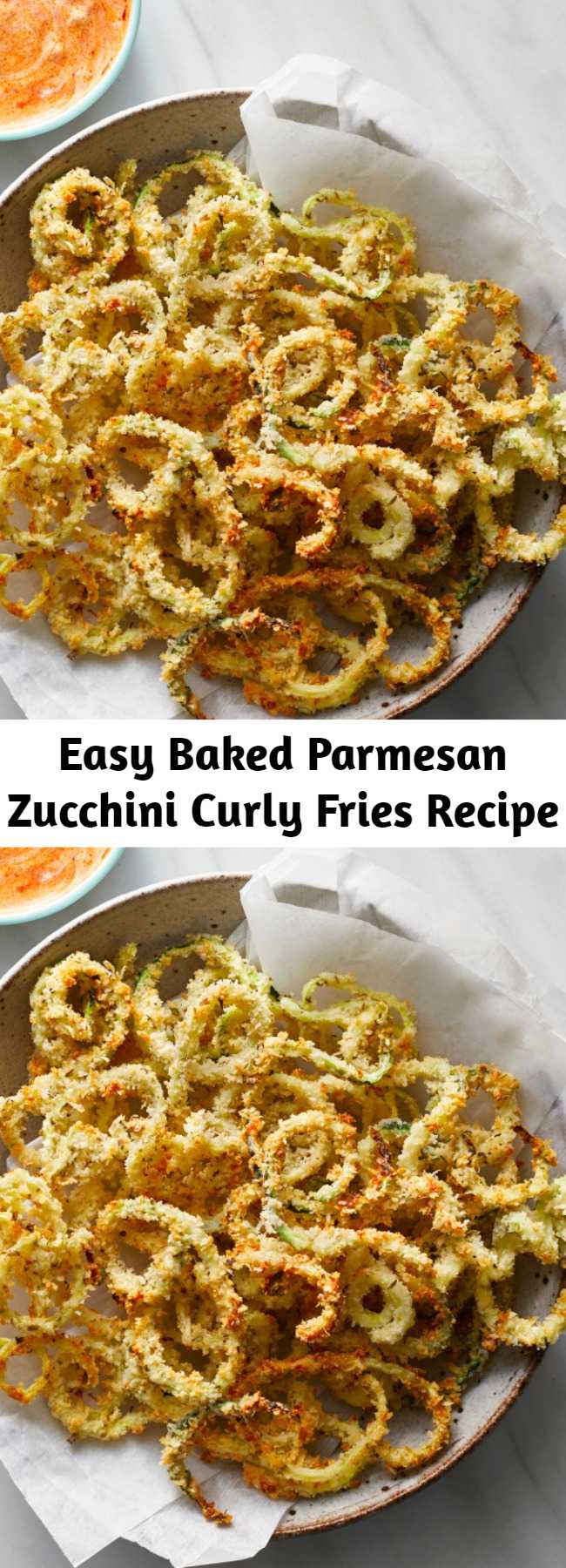 Easy Baked Parmesan Zucchini Curly Fries Recipe - This healthy recipe combines two bar food favorites--fried zucchini and curly fries--into one tempting package. Serve these baked zucchini fries with a simple dipping sauce made with ranch dressing and marinara sauce for a crowd-pleasing appetizer or a side dish for burgers, chicken or pizza. No matter what you serve them with, they're a fun way to eat more vegetables for kids and adults alike. #comfortfood #healthycomfortfood #recipe #healthy