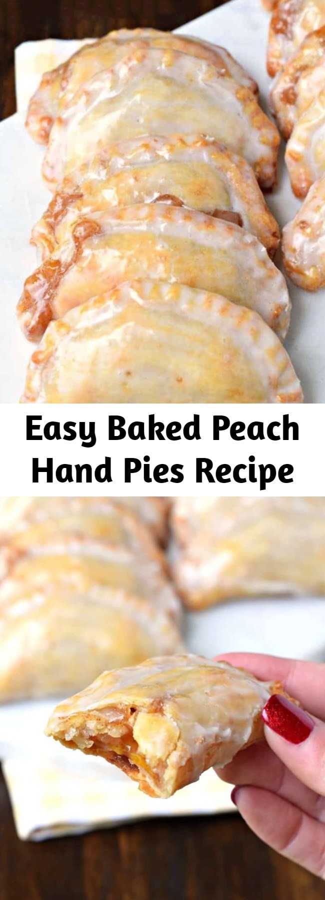 Easy Baked Peach Hand Pies Recipe - Dessert is ready in 30 minutes with these Glazed Peach Hand Pies! The flaky crust and spicy cinnamon filling are the perfect combo in a hand pie, plus they're baked not fried! #handpies #piefilling #peach #dessert