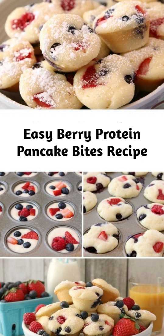 Easy Berry Protein Pancake Bites Recipe - Berry Protein Pancake Bites made easy by baking protein pancake batter in the oven with fresh blueberries, raspberries and strawberries. Dust with powdered sugar or drizzle with syrup for a delicious, satisfying breakfast. #protein #breakfast #pancakes #baking #berries #fruit #healthy #recipe
