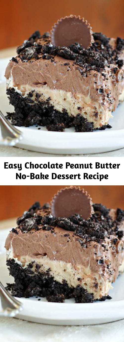 Easy Chocolate Peanut Butter No-Bake Dessert Recipe - There is nothing quite like a creamy, no-bake layered dessert. Especially when those layers are chocolate and peanut butter, just like this Chocolate Peanut Butter No-Bake Dessert Recipe. #dessert #cakes #peanut #chocolate #bars