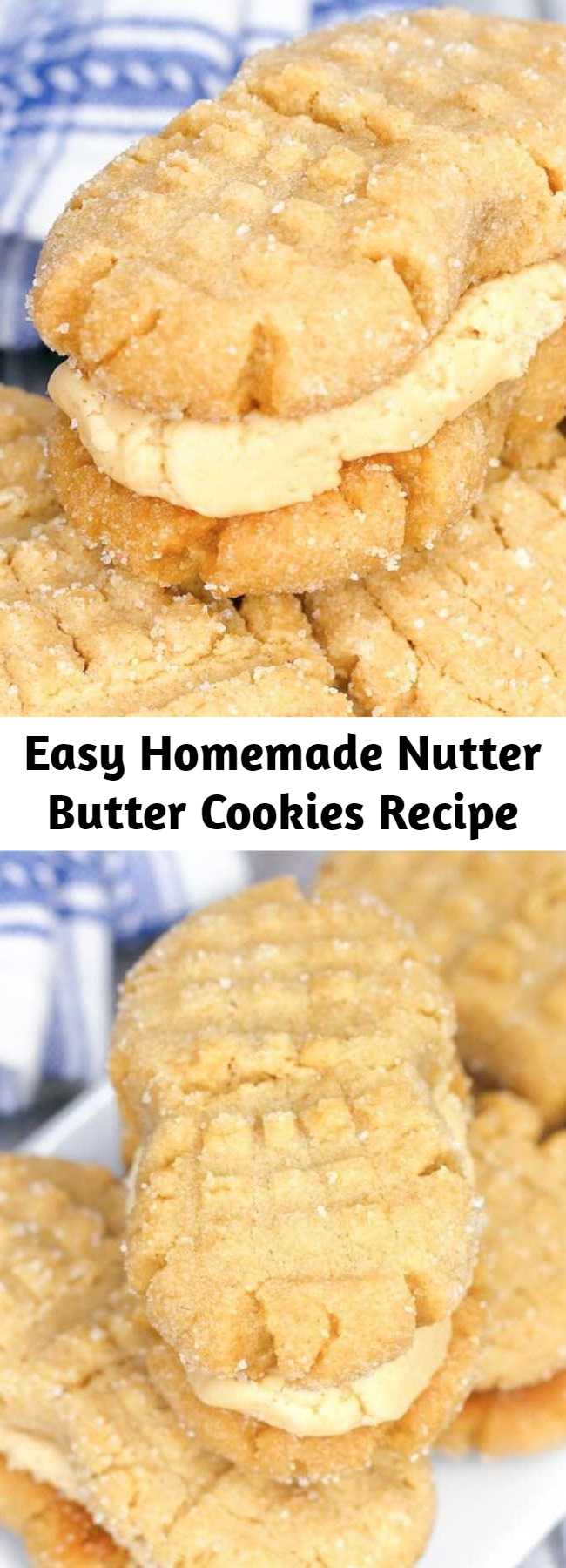 Easy Homemade Nutter Butter Cookies Recipe - Soft peanut butter cookies filled with luscious peanut butter cream — these Homemade Nutter Butter cookies might just be better than the "real" thing! #cookies #peanutbutter #desserts