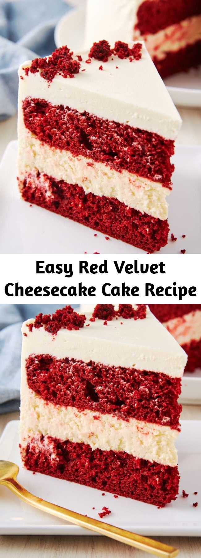 Easy Red Velvet Cheesecake Cake Recipe - Nothing screams Christmas dessert like red velvet cake. We made it even crazier by layering two cakes between a thick layer of plain cheesecake. #easy #recipe #redvelvet #cheesecake #cake #baking #desserts #holidays #christmas #menuideas #creamcheese #frosting