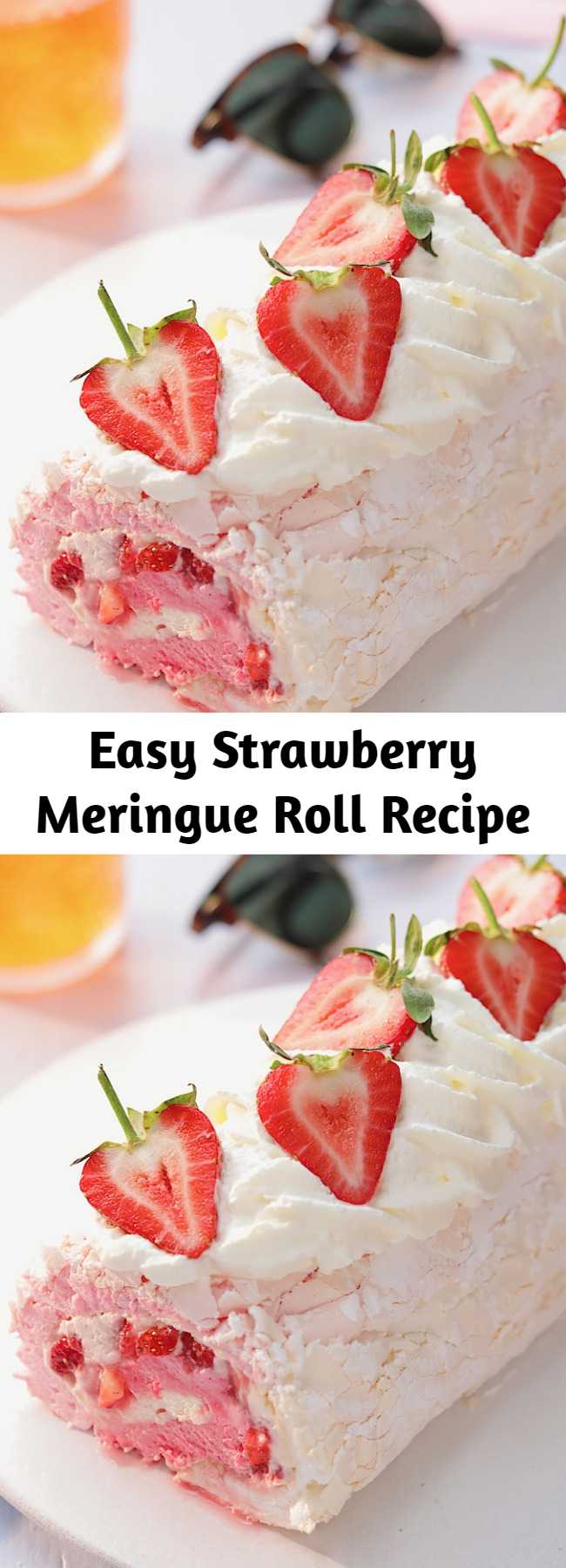 Easy Strawberry Meringue Roll Recipe - We've combined a pavlova and a swiss roll to make your ultimate fruity dessert! This strawberry meringue roll is a sure crowd pleaser!