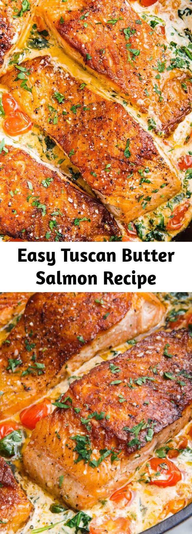 Easy Tuscan Butter Salmon Recipe - There's a reason this is one of our most popular recipes of all time. The tomato-and-basil cream sauce with Parmesan is unbelievably dreamy. We make it often for friends and family because we love it so much. #healthyrecipes #easyrecipes #weeknightdinners #salmon #tuscanbuttersalmon