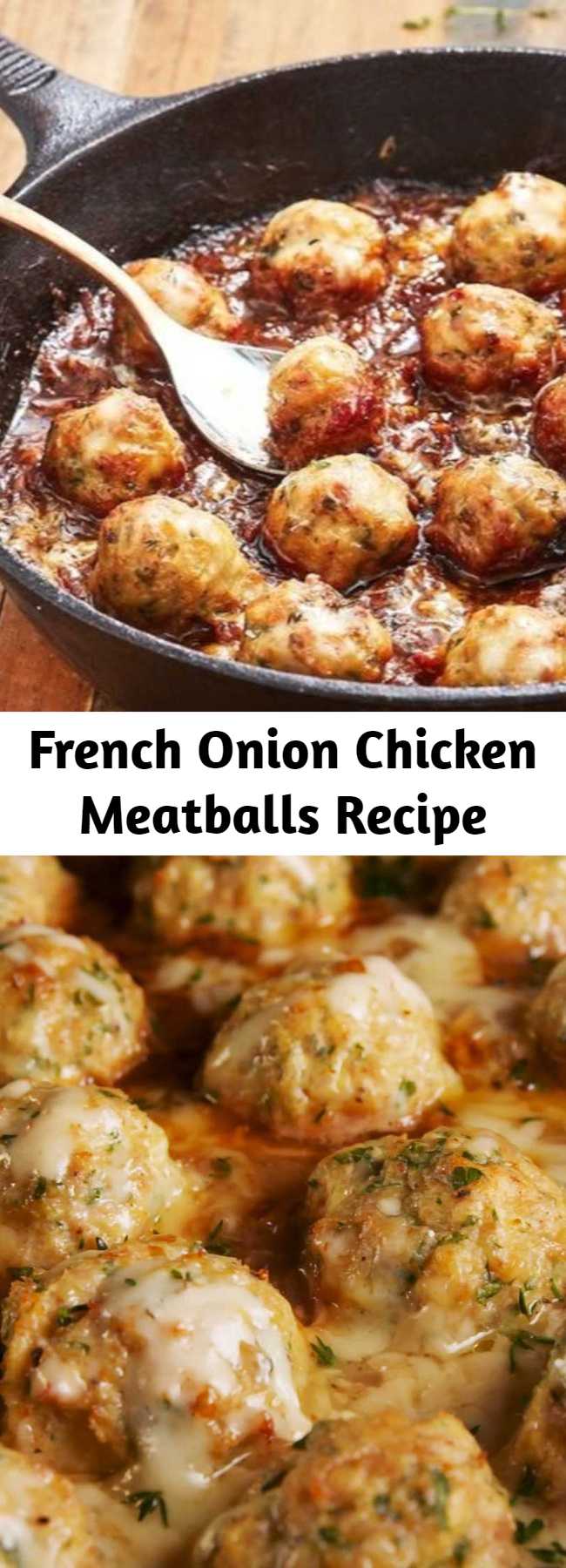 French Onion Chicken Meatballs Recipe - We think everything can be improved by adding meatballs to it. Even French onion soup. It turns an appetizer soup into a full meal, and don't worry, we added even more cheese to it. Gruyère goes into the meatballs and then the whole thing gets topped with more of it before serving. And of course, there's plenty of caramelized onions. #easy #recipe #chickenrecipes #dinnerrecipes #lowcarb #keto #frenchonion #chickenmeatballs #meatballs