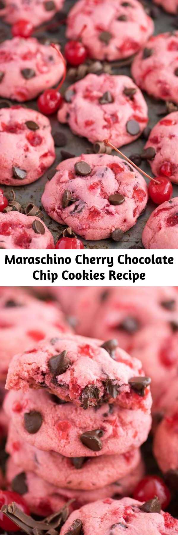 Maraschino Cherry Chocolate Chip Cookies Recipe - Thick & chewy maraschino cherry chocolate chip cookie recipe! Candied cherry cookie recipe. #cherrycookies #maraschinocherrycookies #cookies #cherrychocolatechipcookies