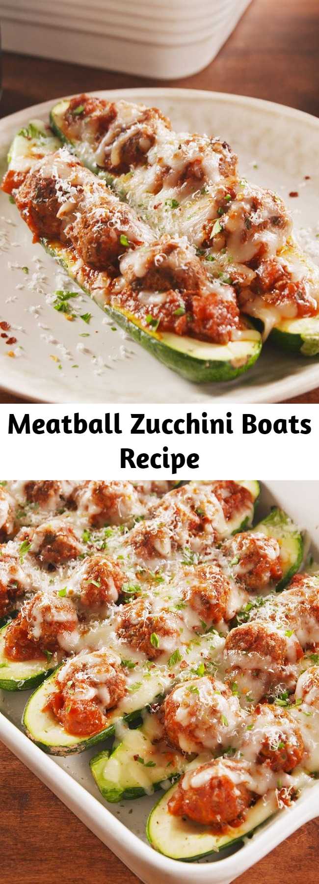 Meatball Zucchini Boats Recipe - Meatball Zucchini Boats are the low-carb, high-protein way to eat a meatball sub. Want to go even MORE low-cal? Try these with ground turkey or chicken instead! #healthyrecipes #easyrecipes #meatballs #zuccchiniboats