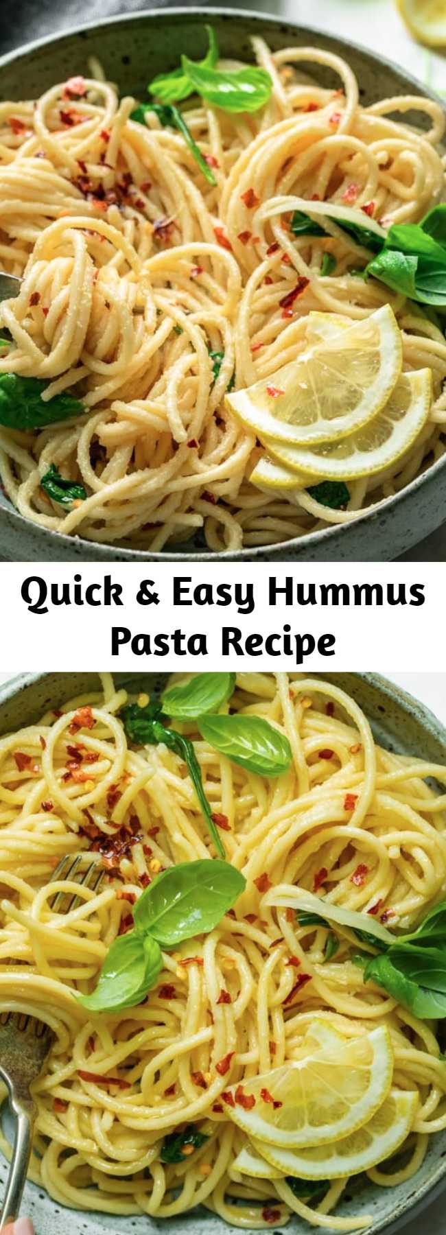 Quick & Easy Hummus Pasta Recipe - This creamy vegan Hummus Pasta is a healthy Mediterranean inspired recipe! It's all made in one pot and ready in 15 minutes - perfect for a weeknight meal! #vegan #dinner #weeknight