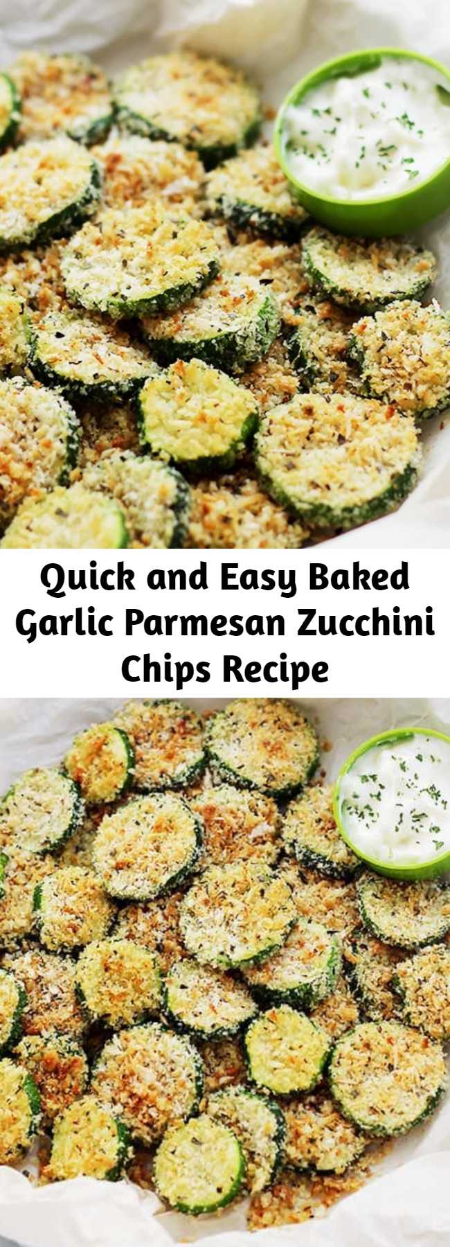 Quick and Easy Baked Garlic Parmesan Zucchini Chips Recipe - Crispy and flavorful baked zucchini chips covered in seasoned panko bread crumbs with garlic and Parmesan. #zucchini #chips #healthyrecipes