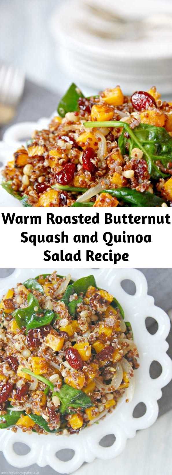 Warm Roasted Butternut Squash and Quinoa Salad Recipe - This lovely Vegan quinoa salad is so full of beautiful color. It’s full of earthy grains, a subtly tangy dressing, and sweet squash and cranberries. So perfect for the cold, drab winter. Brightly colored foods just make me so happy!