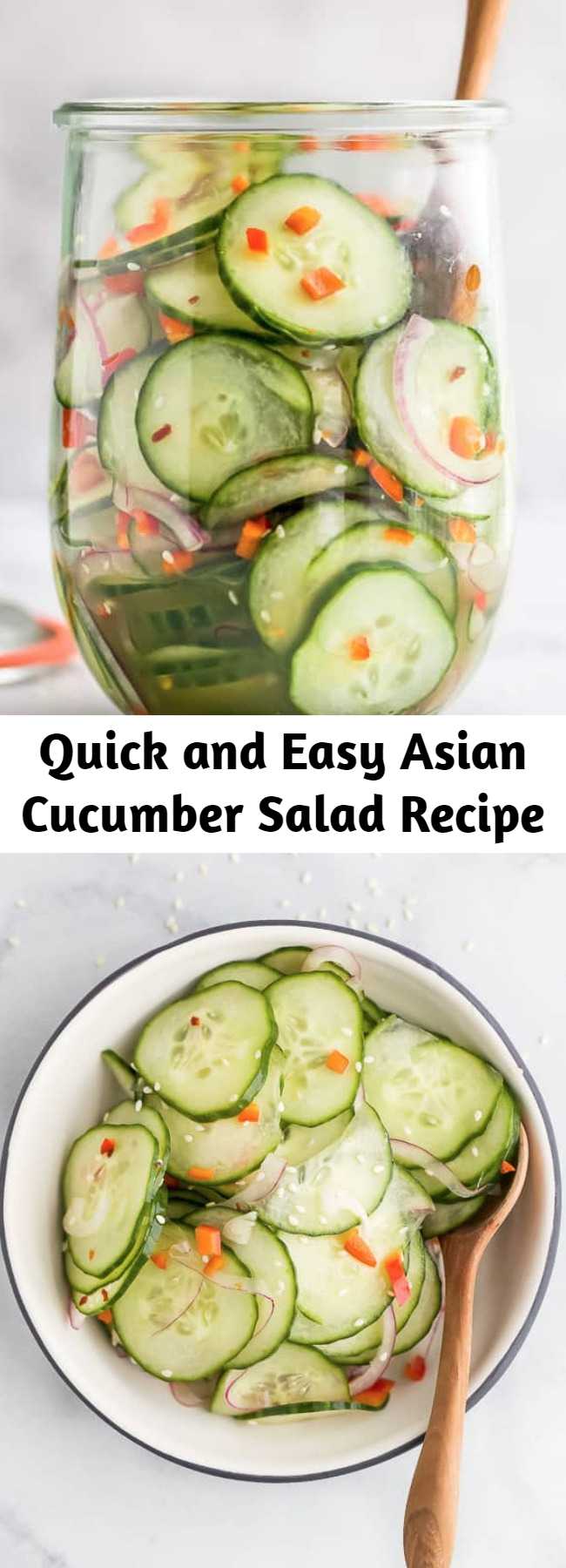 Quick and Easy Asian Cucumber Salad Recipe - Made with crunchy cucumber, onion, rice wine vinegar, and a few secret ingredients! An easy, light, refreshing Cucumber Salad that’s guaranteed to be a hit.
