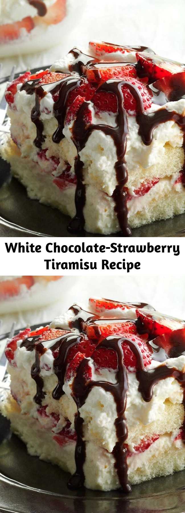 White Chocolate-Strawberry Tiramisu Recipe - Here's a twist on a classic dessert that highlights another flavor combo my husband and I love: strawberries and white chocolate. Lighten it up if you'd like—I've had good luck with light nondairy whipped topping and reduced-fat cream cheese.