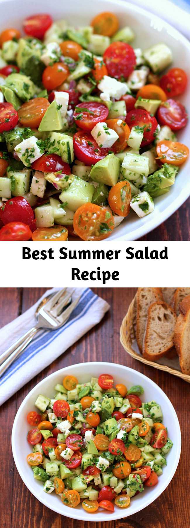 This tomato, cucumber, avocado salad is an easy, healthy, flavorful summer salad. It’s crunchy, fresh and simple to make. It’s a family favorite and ready in less than 15 minutes.
