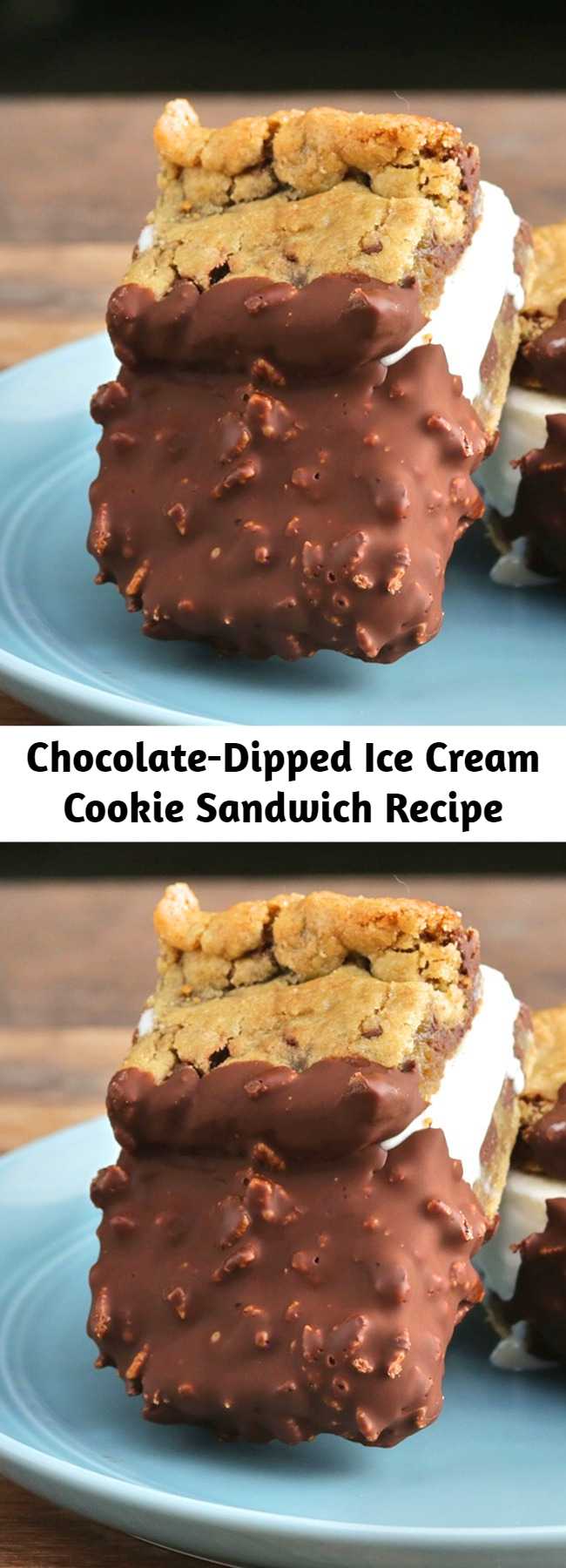 How do you make an ice cream sandwich with chocolate chip cookies even better? Dip it in chocolate. Boom!