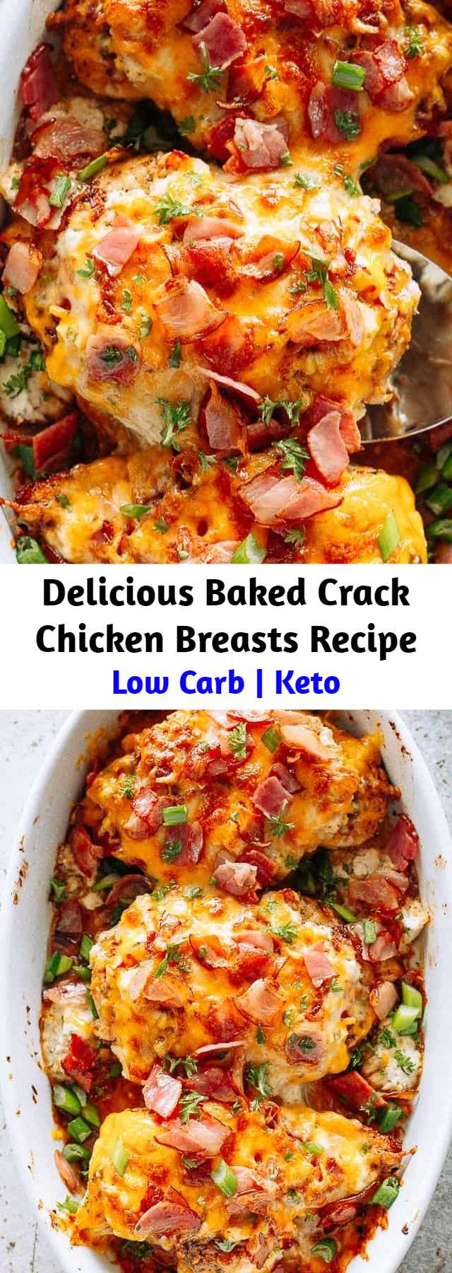 Baked Crack Chicken Breasts, also referred to as Ranch Chicken with Bacon, is a delicious and creamy dish loaded with cheese and bacon. Hard to believe that Crack Chicken is also Low Carb and Keto-Friendly! #crackchicken #ketorecipes #lowcarb #chickendinner