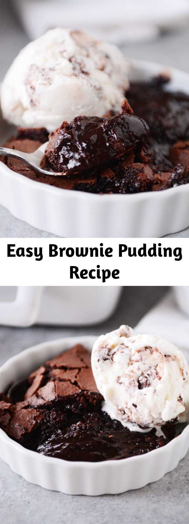 Easy Brownie Pudding Recipe - Decadent and delicious, this brownie pudding is a chocolate lover’s dream come true! An outer brownie shell hides molten chocolate pudding underneath. Yum!