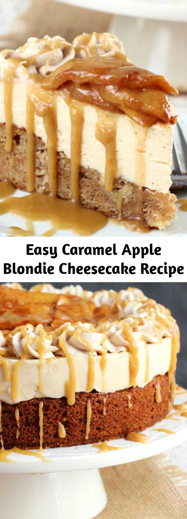 Easy Caramel Apple Blondie Cheesecake Recipe - This Caramel Apple Blondie Cheesecake is pure caramel apple heaven, I kid you not. It has layers of apple spice blondie and no-bake caramel cheesecake, and it’s topped with cinnamon apples and caramel sauce!