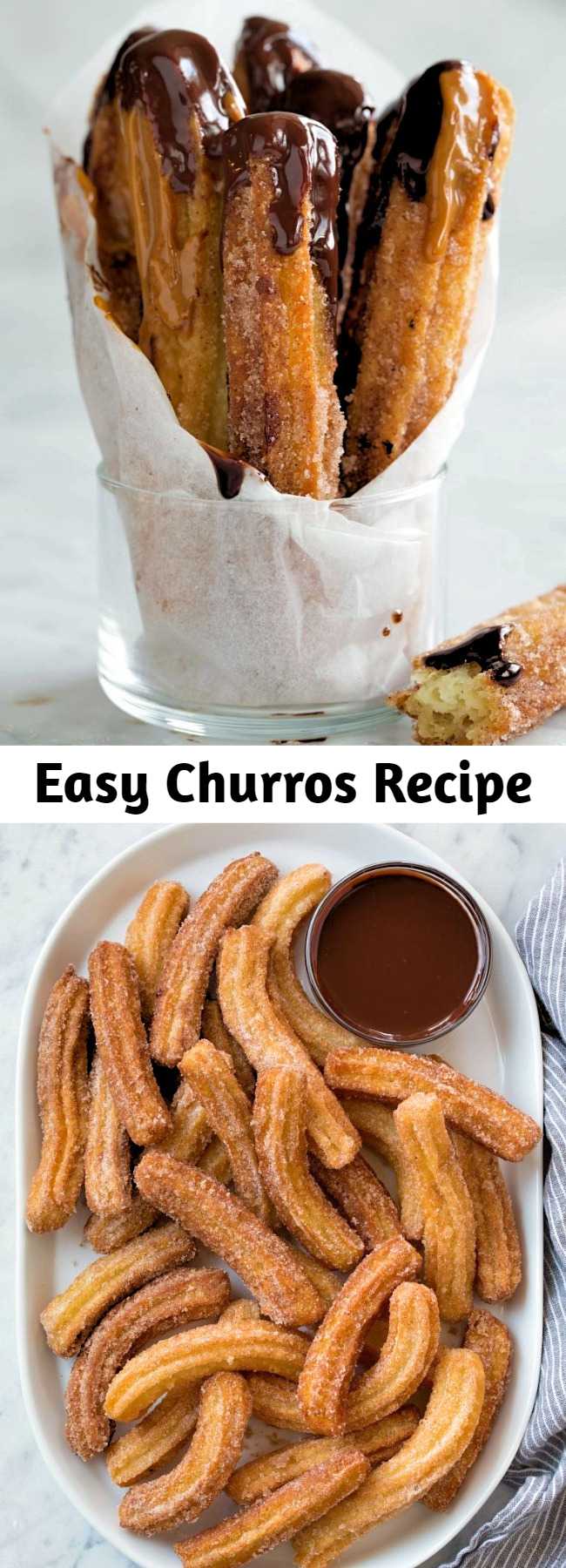 Easy Churros Recipe - There's nothing like a fresh homemade churro. Easily one of my favorite treats! They're crispy on the outside, soft and tender on the inside and they have the most irresistable flavor. Plus they're easier to make than you'd think. Always a crowd favorite! Plan on two per person or pipe out longer churros. #churros #mexicanfood #recipe #dessert