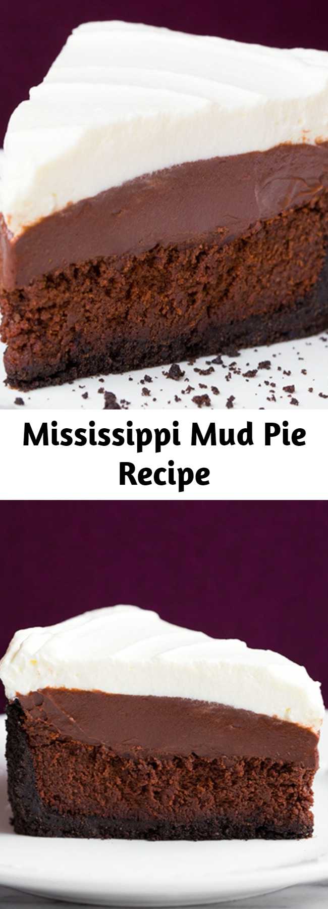 Mississipi Mud Pie – Four layers of utter decadence! You get a crisp Oreo crust, a rich fudgy cake layer, a creamy chocolate pudding and it's finished with a fluffy whipped cream.