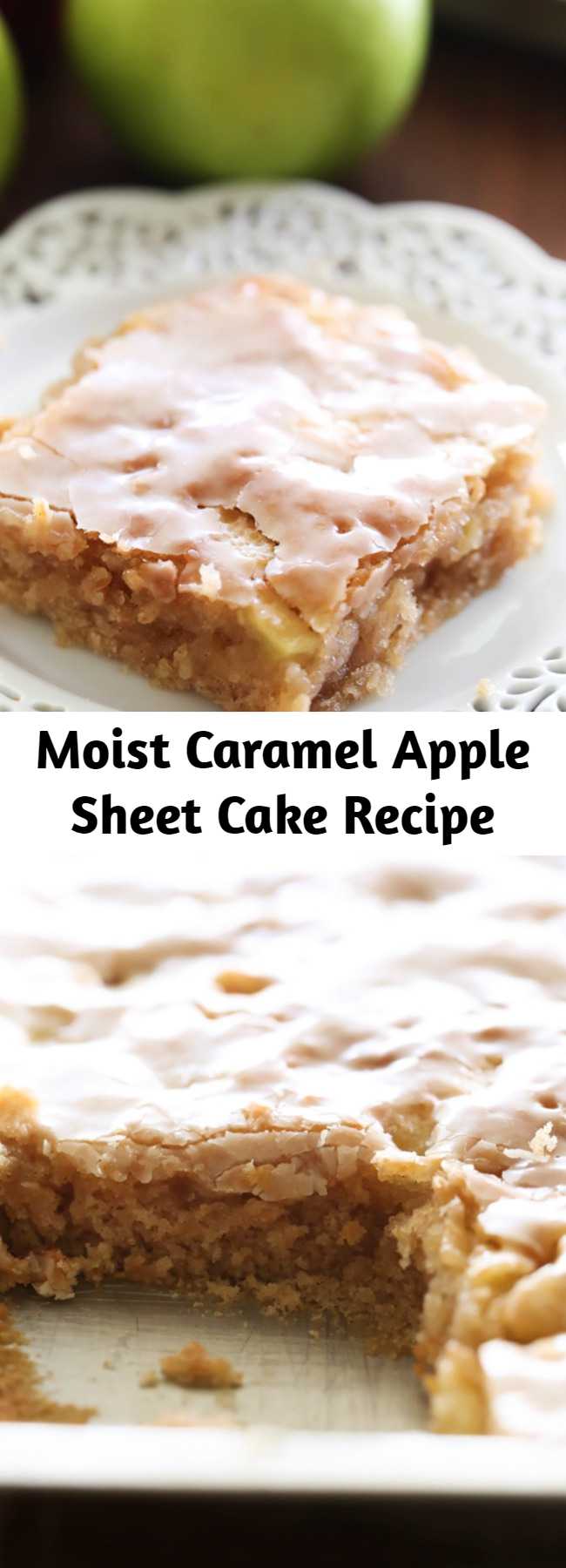 Moist Caramel Apple Sheet Cake Recipe - This delicious apple cake is perfectly moist and has caramel frosting infused in each and every bite! It is heavenly!