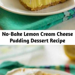 Lemon cream cheese pudding dessert is a no-bake dream! Graham crackers, lemon pudding, cream cheese and whipped topping combine in this layered lemon dessert! #lemoncheesecake #lemoncheesecakebars #nobakedesserts #lemonpudding #creamcheese #coolwhip #whippedtopping #whippingcream #easydesserts #summerdesserts #onepandesserts