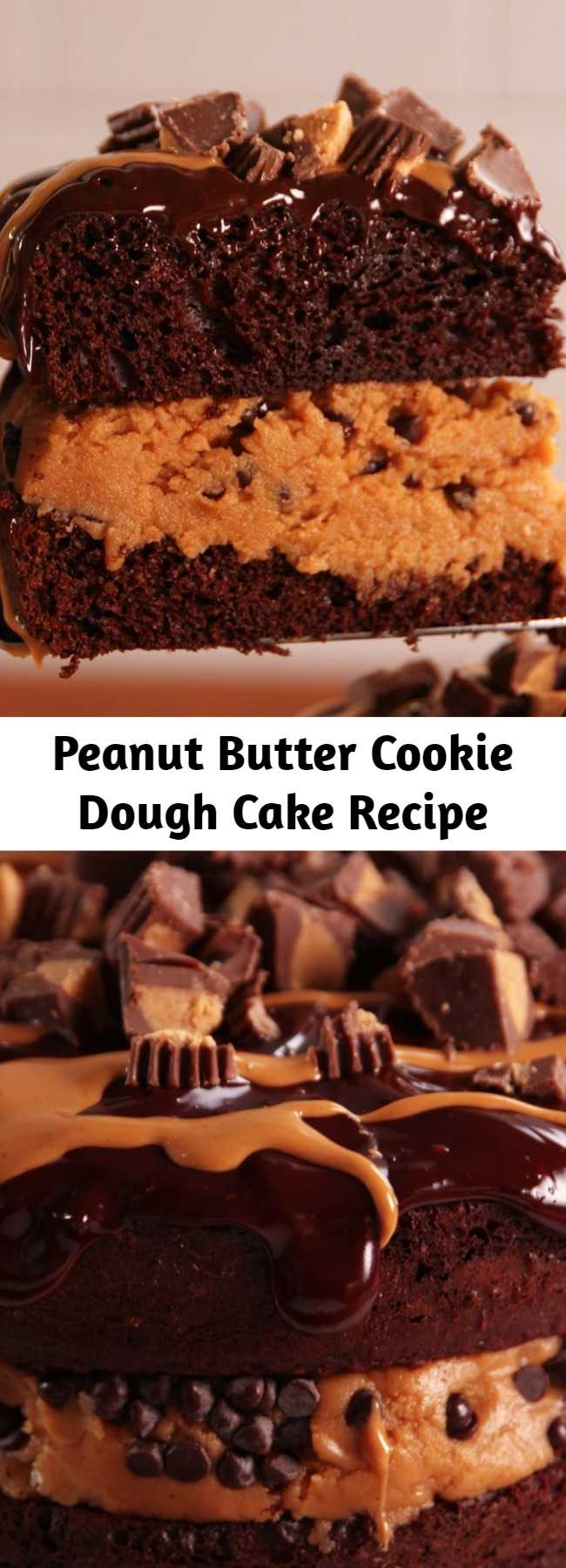 Peanut Butter Cookie Dough Cake Recipe - If you like shoveling mounds of cookie dough into your face, you're going to love this cake. This mashup cake squeezes layers of peanut butter cookie dough in between layers of chocolate cake and it's as amazing as it sounds.