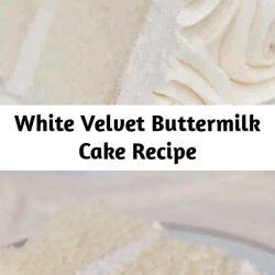 White velvet cake gets it's flavor and velvety texture from buttermilk. A moist, tender cake that is great for any special occasion. This recipe makes two 8" round cakes about 2" tall. Bake at 335F for 30-35 minutes until a toothpick comes out cleanly.