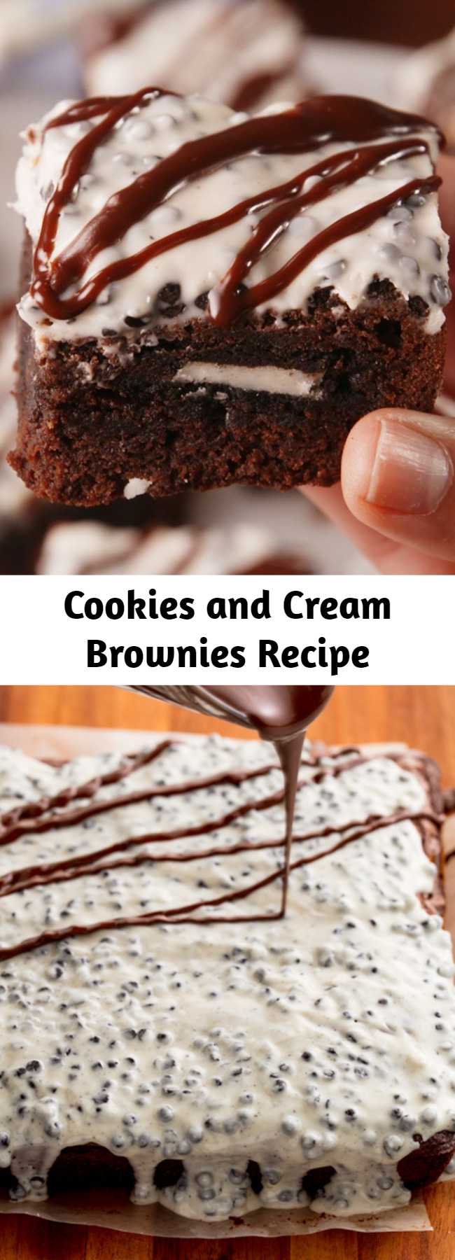 Cookies and Cream Brownies Recipe - If you ask us, Cookies 'N' Creme candy bars are highly underrated. Even the white chocolate haters on our team can't resist them (because those crunchy chocolate bits are everything). And as it turns out, melting them down makes the perfect frosting for fudgy brownies. Especially when there are WHOLE OREOS stuffed inside. 😏