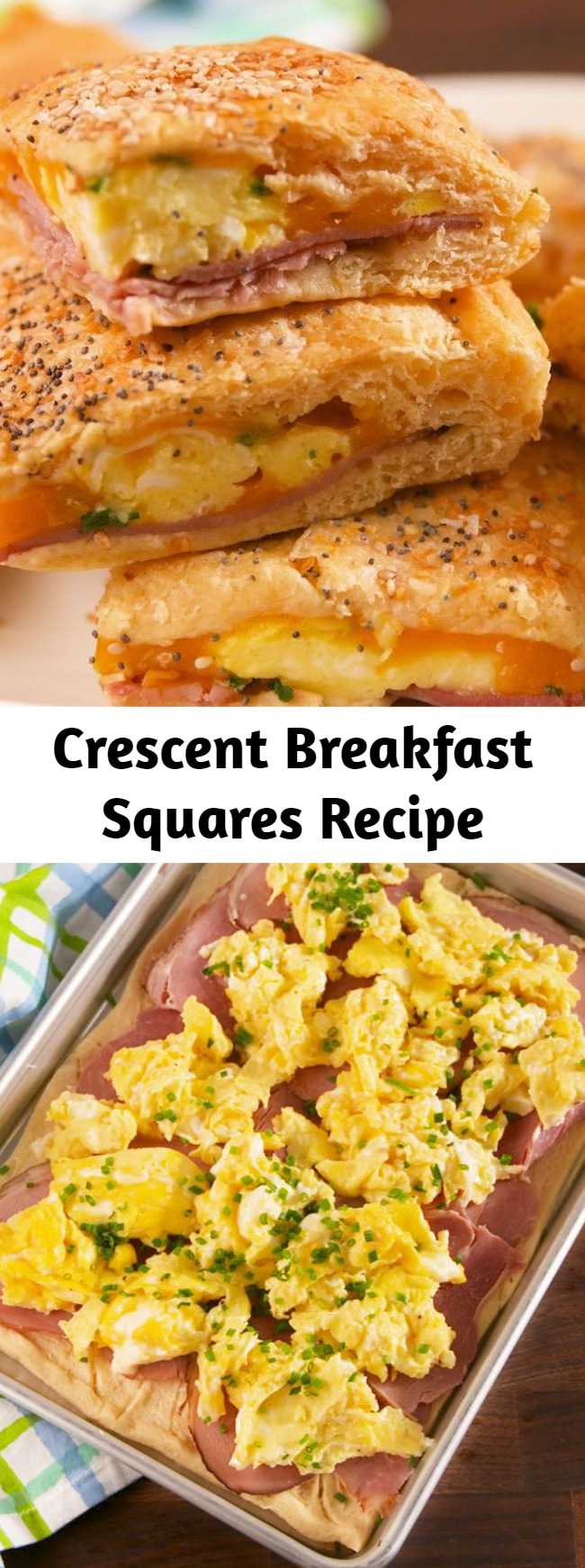 We love ourselves a good crescent dough hack, and this one is one of our faves. Look for dough you can buy as a full sheet (as opposed to the kind with perforated edges). It's not totally necessary, but it'll make things easier to assemble. #easy #recipe #eggs #cheese #crescentdough #dough #breakfast #brunch #ham #sheetpan #squares