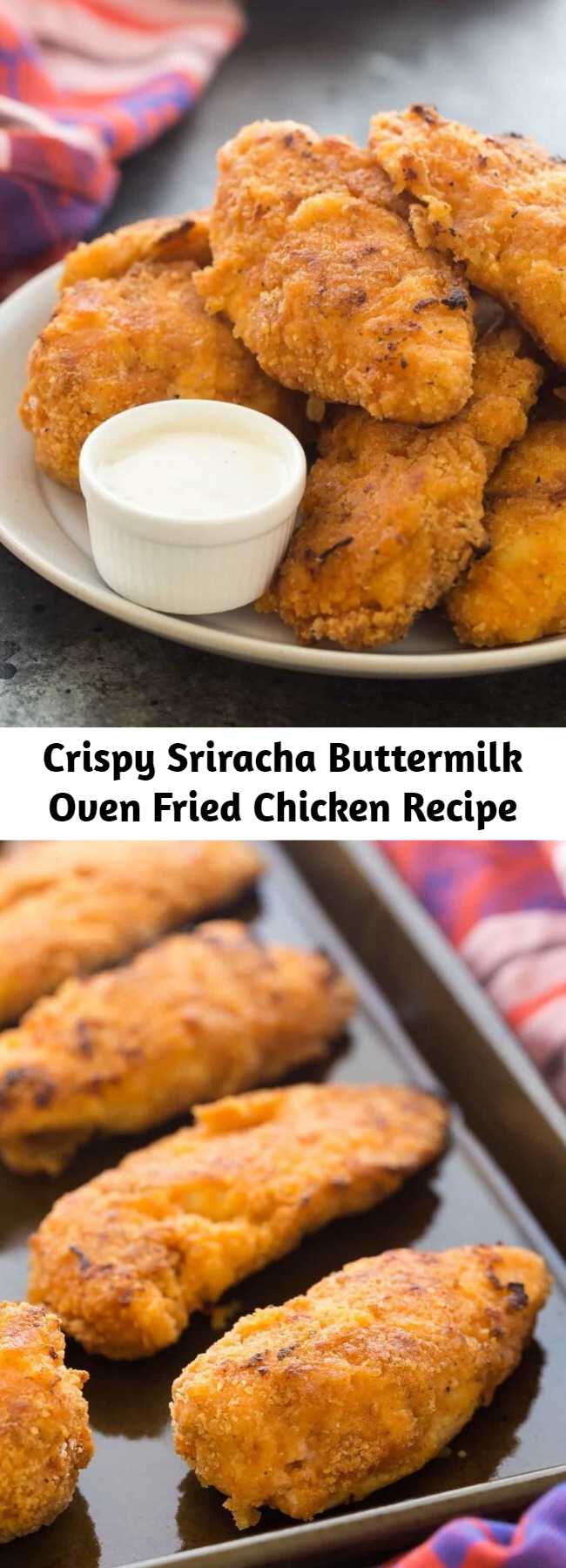 Crispy Sriracha Buttermilk Oven Fried Chicken Recipe - This Crispy Sriracha Buttermilk Oven Fried Chicken is so moist and juicy with just the right amount of spice! It’s baked and not fried so it’s healthier, but you still get that great crunchy coating. #chicken #friedchicken #dinner #appetizer #gameday #snack