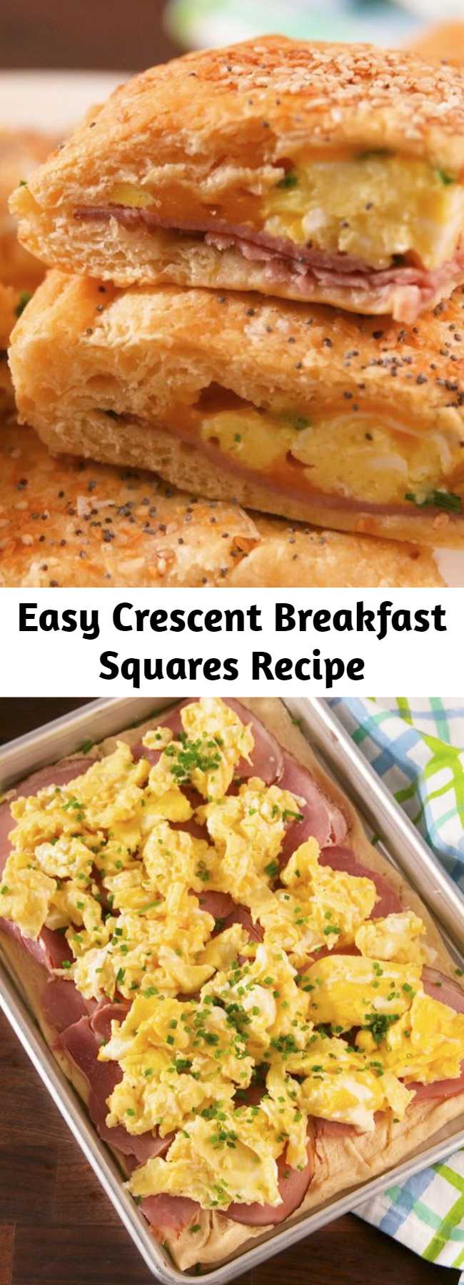 Easy Crescent Breakfast Squares Recipe - We love ourselves a good crescent dough hack, and this one is one of our faves. Look for dough you can buy as a full sheet (as opposed to the kind with perforated edges). It's not totally necessary, but it'll make things easier to assemble. #easy #recipe #eggs #cheese #crescentdough #dough #breakfast #brunch #ham #sheetpan #squares