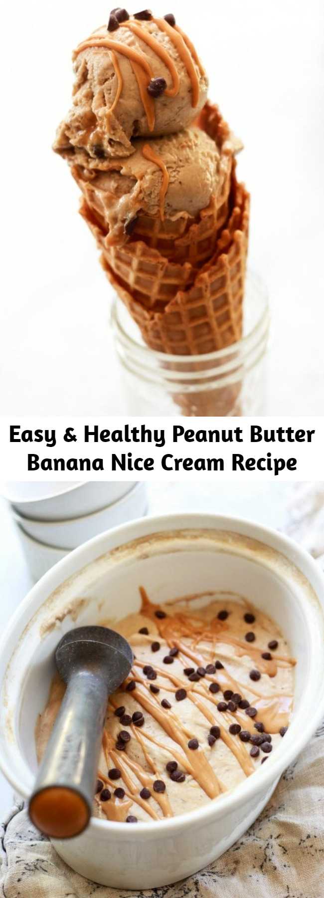 Banana nice cream flavored with peanut butter and chocolate chips is an easy, healthier, vegan and gluten-free ice cream dessert recipe made with real food ingredients. #vegan #nicecream #peanutbutter