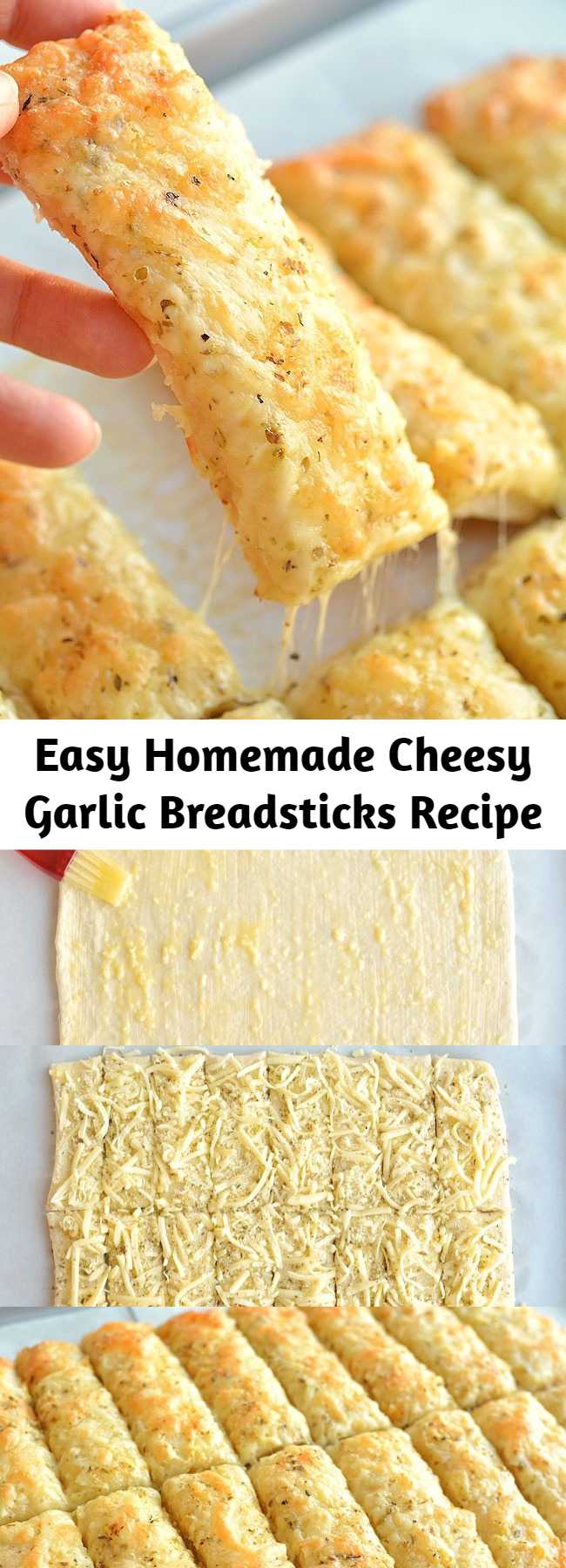 Easy Homemade Cheesy Garlic Breadsticks Recipe - These cheesy garlic breadsticks are so easy to make and they taste SO GOOD! They take less than 20 minutes from start to finish and go really well with your favorite soups and salads. You can even serve them on their own with a little bowl of marinara sauce. This is such an easy, awesome and super delicious side dish recipe that uses Pillsbury refrigerated pizza crust.