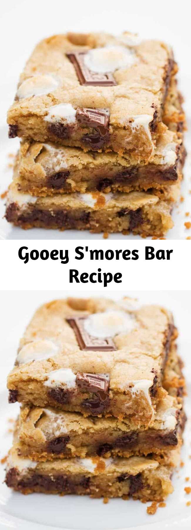 Gooey S'mores Bar Recipe - Gooey s'mores bars filled with a graham cracker crust and loaded with chocolate chips, marshmallows and chocolate candy bar pieces. The ultimate cookie bar recipe that is out of this world! It’s not summer time without some sort of s’mores dessert!!