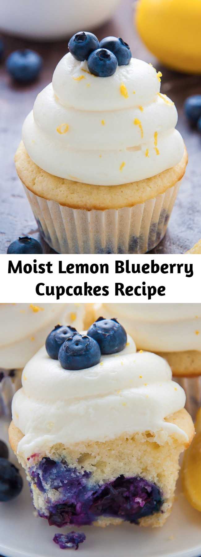 Moist Lemon Blueberry Cupcakes Recipe - Homemade Lemon Blueberry Cupcakes are topped with luscious Lemon Cream Cheese Frosting and Fresh Blueberries! The moist lemon cupcakes are so flavorful and bursting with juicy blueberries. This recipe is such a crowd-pleaser and perfect for Summer birthday parties, picnics, or barbecues!